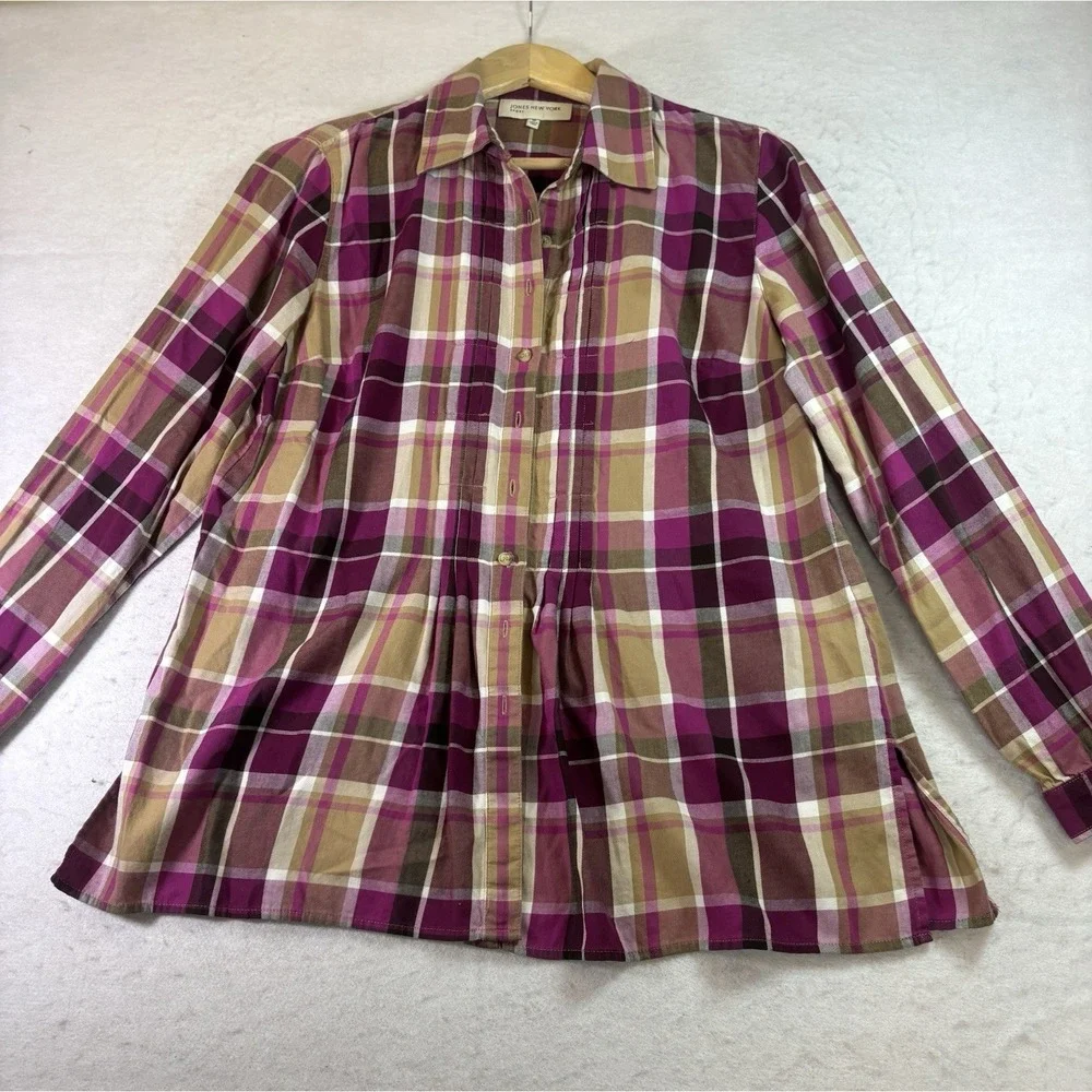 Jones New York Sport Button Front Women's M Magenta Plaid Flannel Shirt L/SL